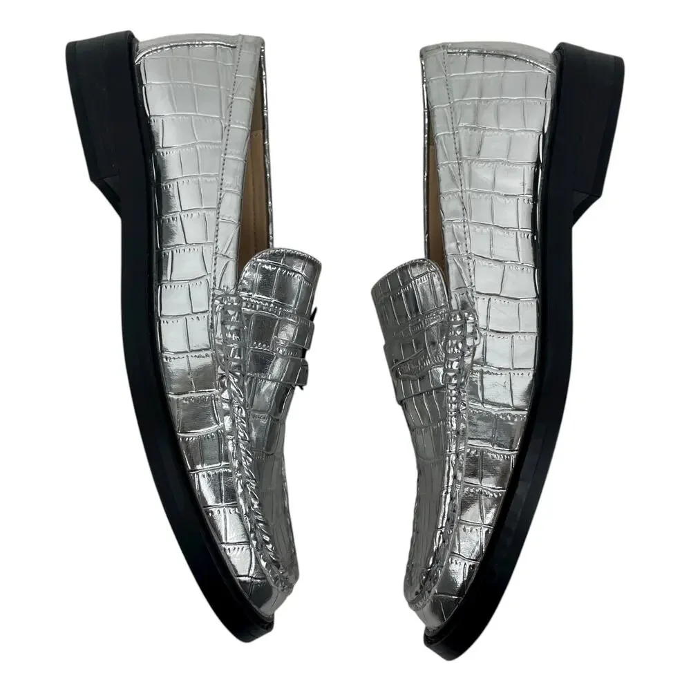 Ann Taylor LOFT Metallic Embossed Slip On Penny Loafers Silver Size 7.5M